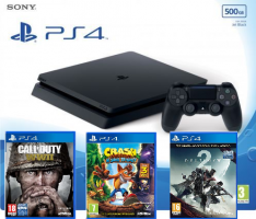 Console PS4 Slim 500 Go + Call of duty WWII + Crash Bandicoot + Destiny 2 + Qui Es-Tu ? + 30€ Offerts