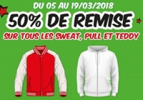 -50% sur tous les Sweats, Pulls et Teddys