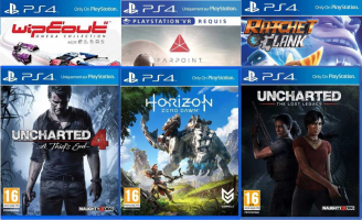 Uncharted 4 / Uncharted : The Lost Legacy / Horizon Zero Dawn / WipeOut Omega Collection / Ratchet et Clank / Farpoint VR