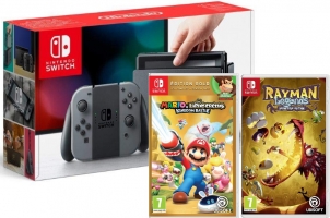 Console Nintendo Switch (Gris) + Mario + The Lapin Crétins Kingdom Battle - Edition Gold + Rayman Legends - Definitive Edition