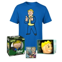 Coffret Cadeau Fallout : T-shirt - Vault Boy (Homme / Femme - Taille S à XXL) + Figurine Dorbz + Tasse 3D - Vault Boy + Badges