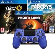 Manette DualShock 4 (V2 - Bleu / Blanc / Noir) + 1 Jeu (Shadow of the Tomb Raider / Fallout 76 / Far Cry 5)