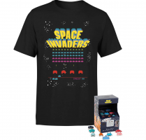 Lot Space Invaders T-Shirt + Lot de Pin dans mini coffret arcade