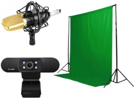 Pack Streamer Steelplay Pro HD : Microphone avec Trépied + Webcam (1080P) + Fond Vert avec Structure (2x2m)
