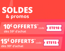 10€ offerts dès 59€ d'achat / 15€ dès 99€ / 30€ dès 299€