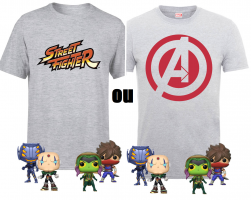 T-Shirt (Marvel Avengers ou Capcom Street Fighter) + 4 Funko Pop