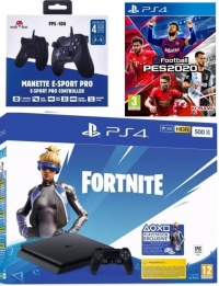 Sélection de Packs PS4 en Promo - Exemple : Console PS4 Slim - 500Go + 2ème Manette filaire E- SPort  FPS 100 + PES 2020 + Contenu pour Fortnite