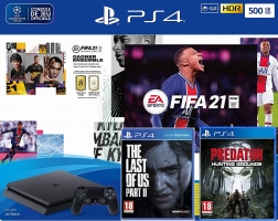 (Optimisation) Console PS4 - 500Go + FIFA 21 + The Last of US 2 + Predator : Hunting Grounds + Guide FIFA 21 + 28,98€ Offerts