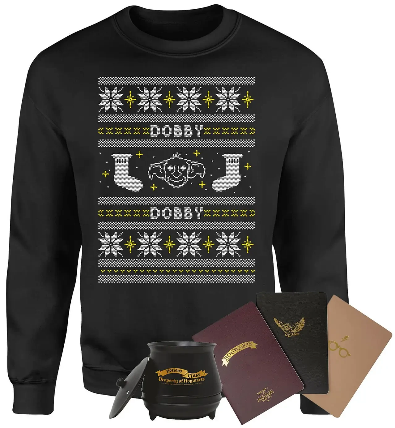 Méga Lot Harry Potter : Sweat de Noêl + Mug Chaudron + 3 carnets + Cadeau Mystère (Taille M)