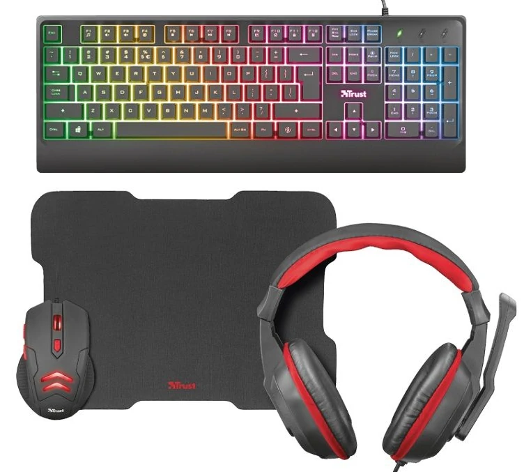 Pack Gaming Trust : Micro-Casque Filaire + Clavier Filaire (Rétro-éclairé) + Souris Filaire (Rétro-éclairée) + Tapis de Souris